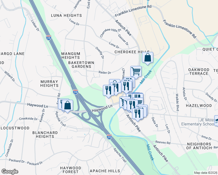 map of restaurants, bars, coffee shops, grocery stores, and more near 702 Haystack Lane in Nashville