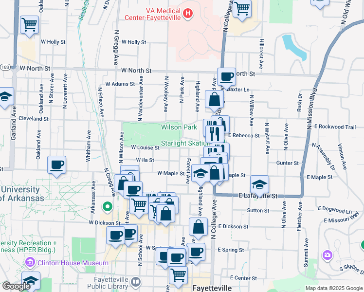 map of restaurants, bars, coffee shops, grocery stores, and more near 630 North Park Avenue in Fayetteville