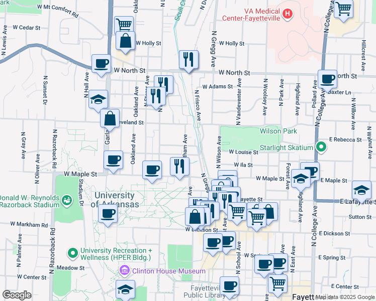 map of restaurants, bars, coffee shops, grocery stores, and more near 604 Whitham Avenue in Fayetteville