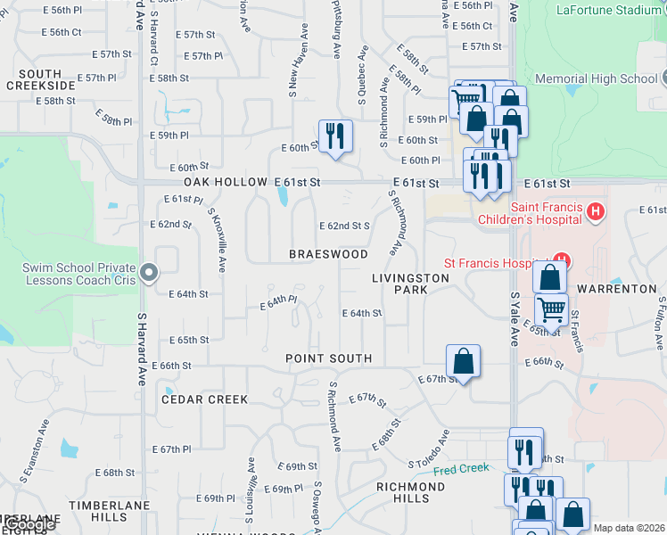 map of restaurants, bars, coffee shops, grocery stores, and more near 6228 South Pittsburg Avenue in Tulsa