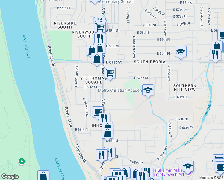 map of restaurants, bars, coffee shops, grocery stores, and more near 101 North Greenwood Avenue in Tulsa