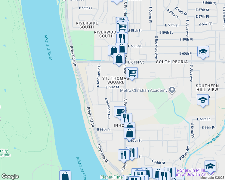 map of restaurants, bars, coffee shops, grocery stores, and more near in Tulsa