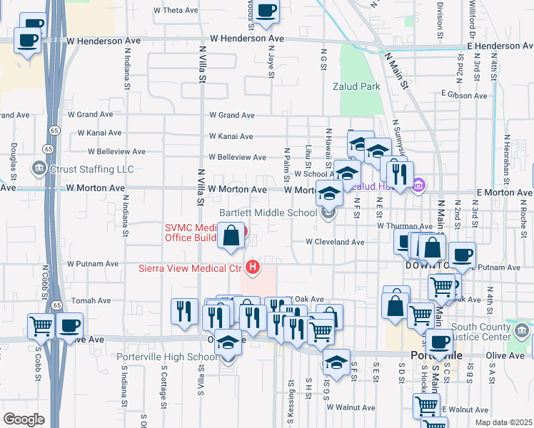 map of restaurants, bars, coffee shops, grocery stores, and more near 333 North Conley Street in Porterville