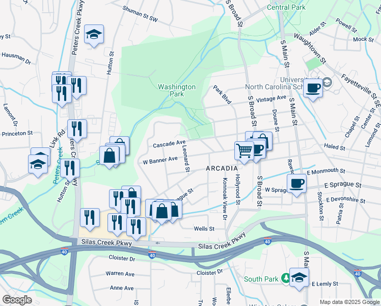map of restaurants, bars, coffee shops, grocery stores, and more near 535 West Banner Avenue in Winston-Salem