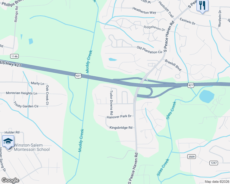 map of restaurants, bars, coffee shops, grocery stores, and more near 155 Charlotte Court in Winston-Salem