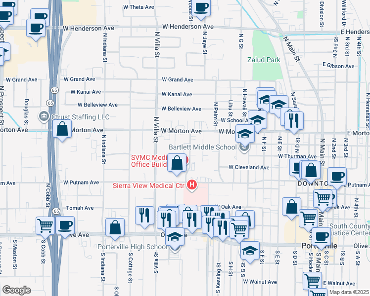 map of restaurants, bars, coffee shops, grocery stores, and more near 345 Pearson Drive in Porterville