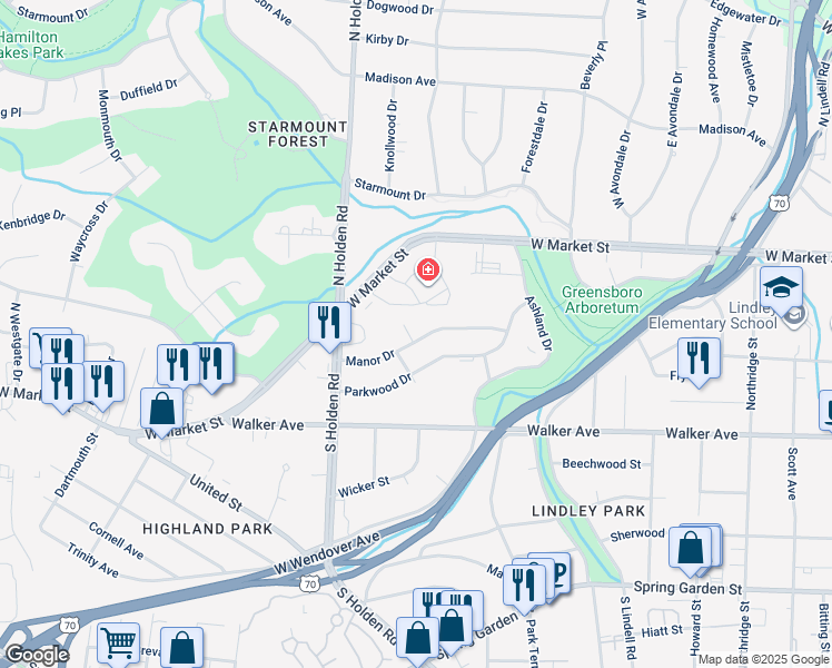 map of restaurants, bars, coffee shops, grocery stores, and more near 3722 Manor Drive in Greensboro