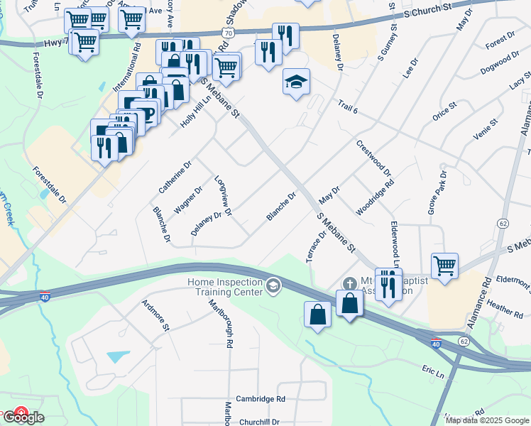 map of restaurants, bars, coffee shops, grocery stores, and more near 2727 Blanche Drive in Burlington