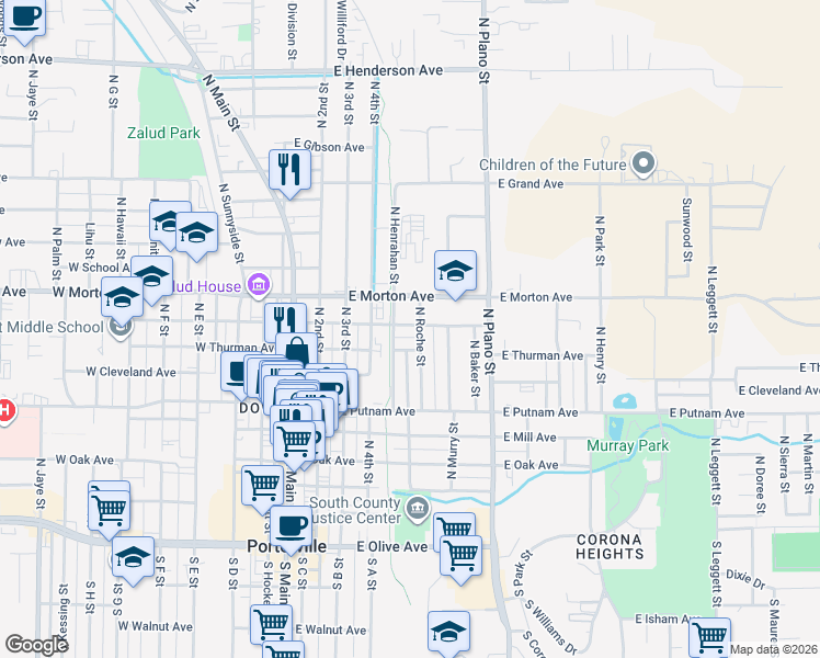 map of restaurants, bars, coffee shops, grocery stores, and more near 351 North Roche Street in Porterville