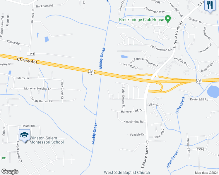 map of restaurants, bars, coffee shops, grocery stores, and more near 5855 Regent Village Drive in Winston-Salem