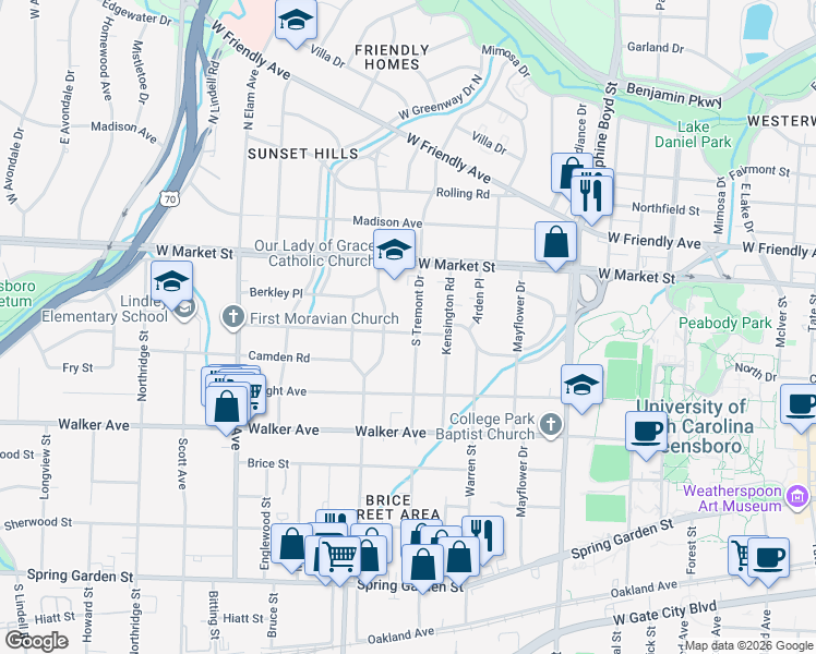 map of restaurants, bars, coffee shops, grocery stores, and more near 114 South Tremont Drive in Greensboro