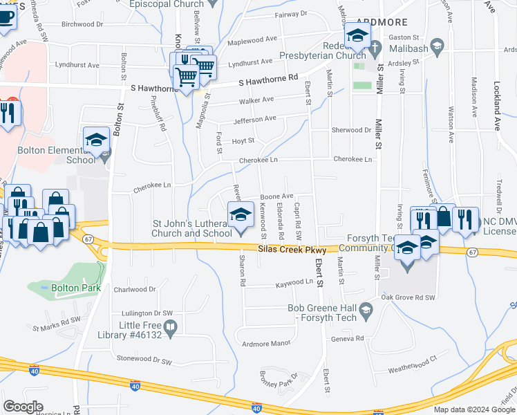 map of restaurants, bars, coffee shops, grocery stores, and more near 1408 Kenwood Street in Winston-Salem