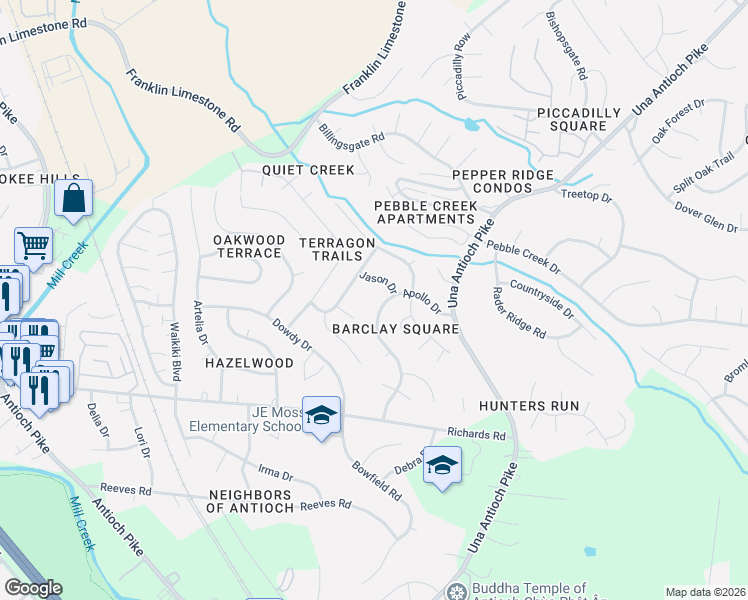 map of restaurants, bars, coffee shops, grocery stores, and more near 4780 Apollo Drive in Nashville
