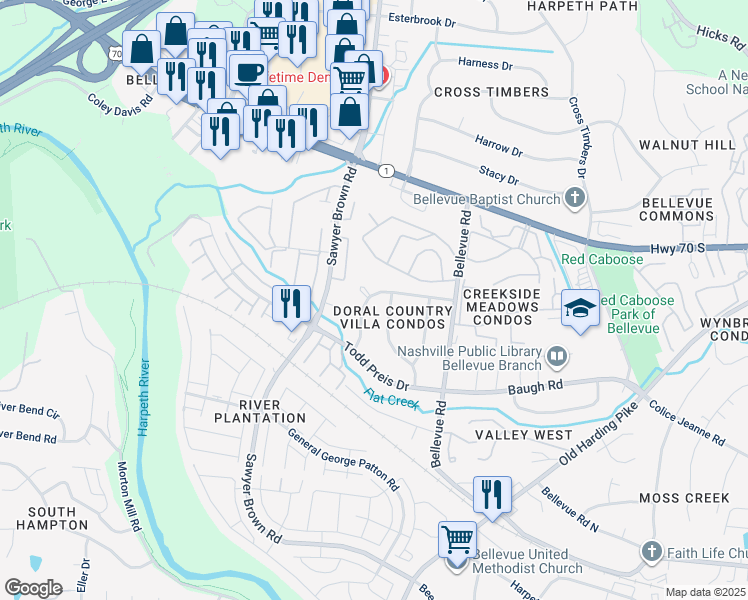 map of restaurants, bars, coffee shops, grocery stores, and more near 529 Doral Country Drive in Nashville