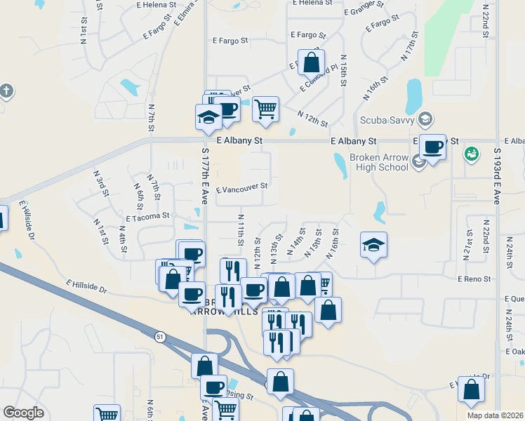 map of restaurants, bars, coffee shops, grocery stores, and more near 1209 East Uniontown Street in Broken Arrow