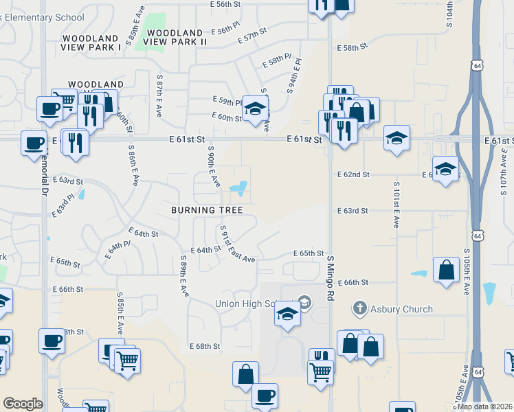 map of restaurants, bars, coffee shops, grocery stores, and more near 12099 East 63rd Street in Tulsa