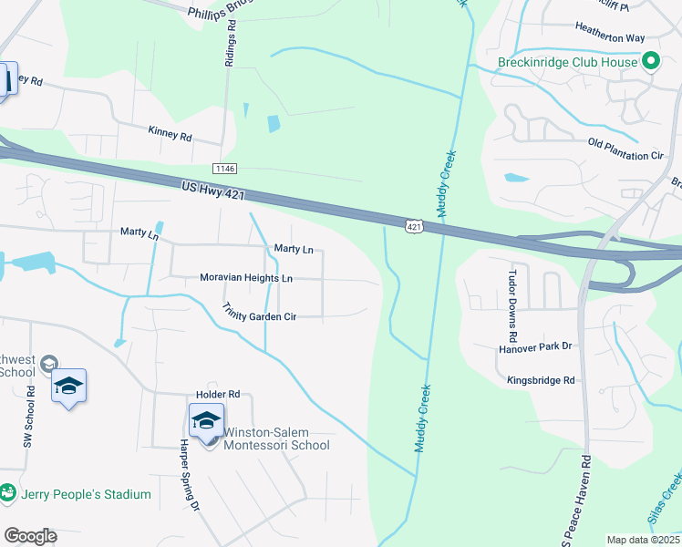 map of restaurants, bars, coffee shops, grocery stores, and more near 5443 Moravian Heights Ln in Clemmons
