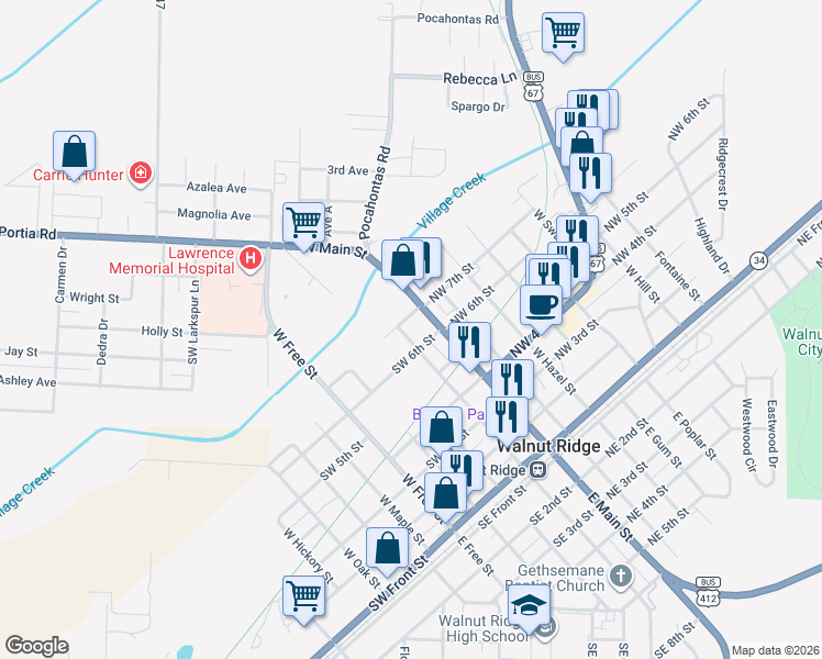 map of restaurants, bars, coffee shops, grocery stores, and more near 620 W Elm St in Walnut Ridge