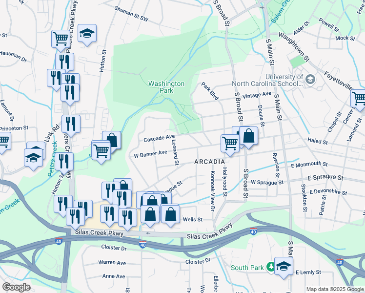 map of restaurants, bars, coffee shops, grocery stores, and more near 529 West Banner Avenue in Winston-Salem