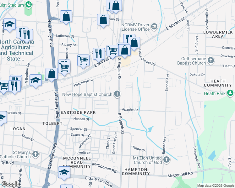 map of restaurants, bars, coffee shops, grocery stores, and more near 238 South English Street in Greensboro