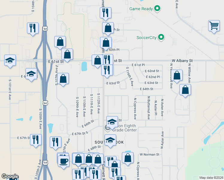 map of restaurants, bars, coffee shops, grocery stores, and more near 6311 South Garnett Road in Broken Arrow
