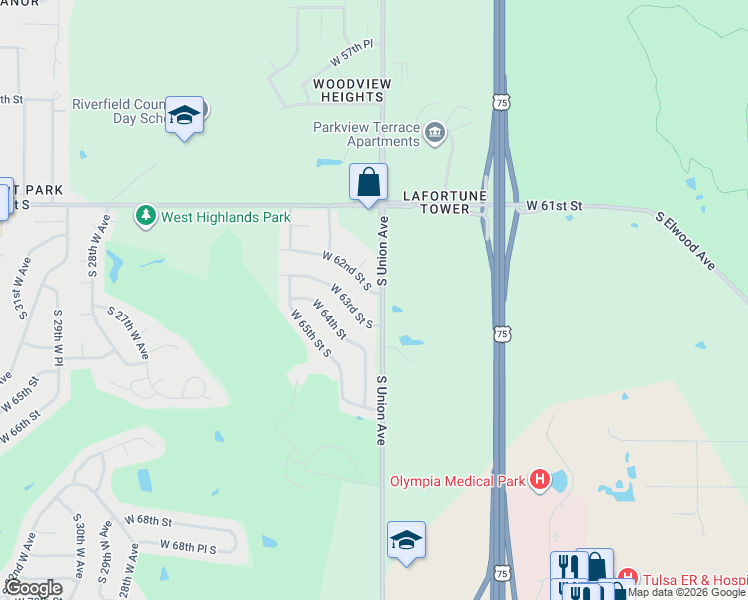 map of restaurants, bars, coffee shops, grocery stores, and more near 1702 West 62nd Street in Tulsa