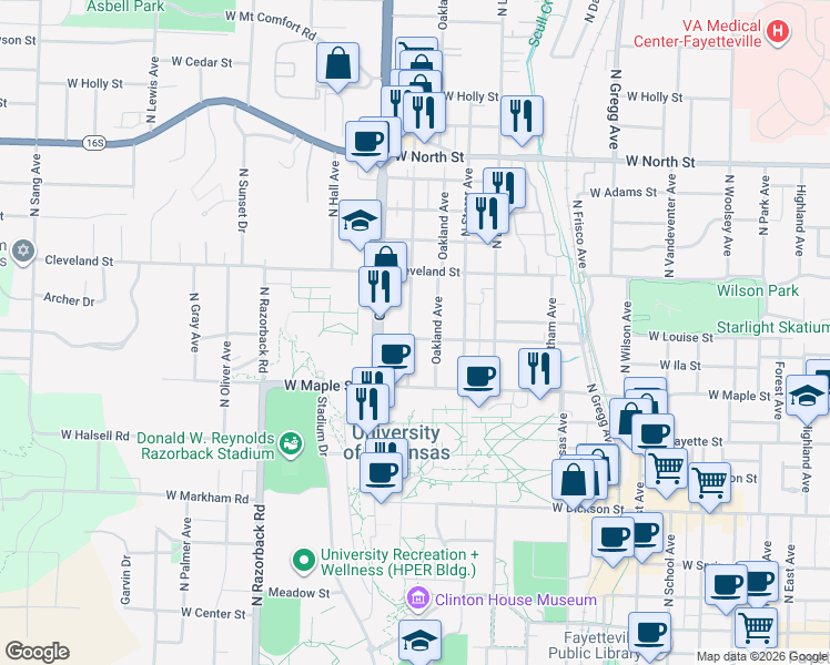 map of restaurants, bars, coffee shops, grocery stores, and more near 972 West Douglas Street in Fayetteville