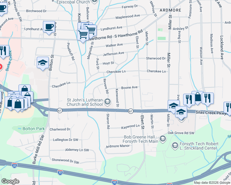 map of restaurants, bars, coffee shops, grocery stores, and more near 2451 Boone Avenue in Winston-Salem