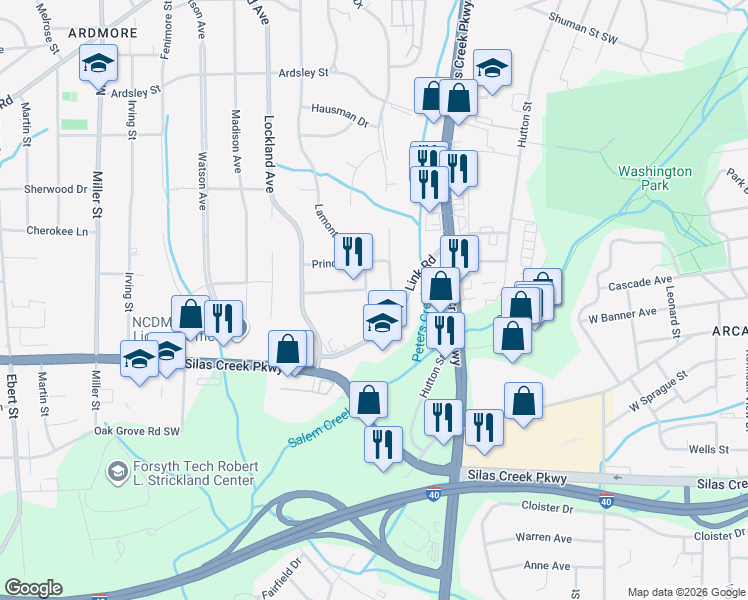 map of restaurants, bars, coffee shops, grocery stores, and more near 1400 Leheigh Court in Winston-Salem