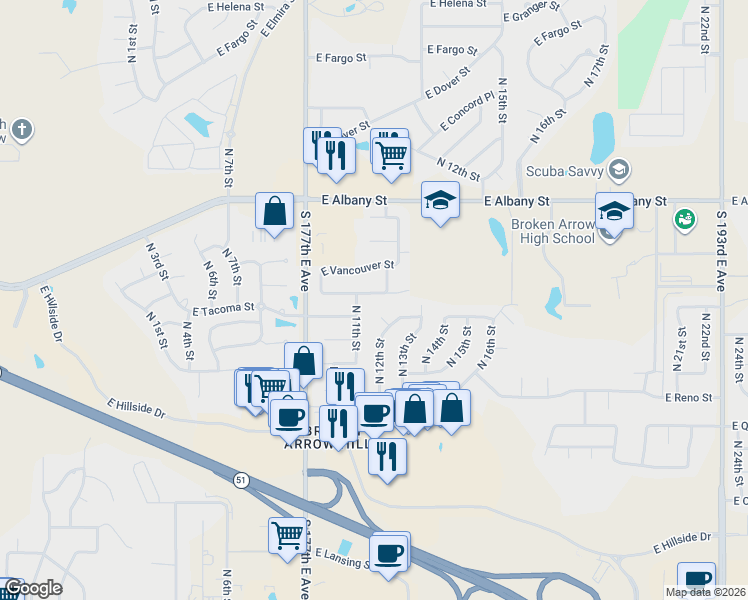 map of restaurants, bars, coffee shops, grocery stores, and more near 1209 East Uniontown Street in Broken Arrow