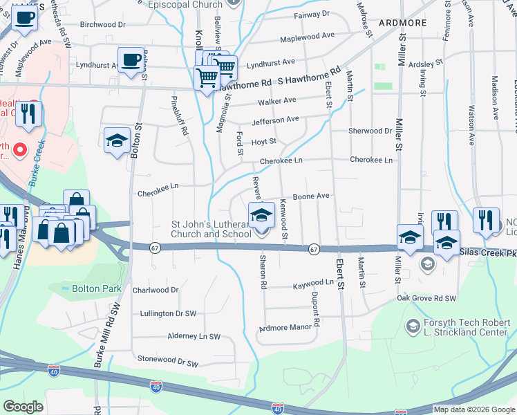 map of restaurants, bars, coffee shops, grocery stores, and more near 1317 Barrow Court in Winston-Salem