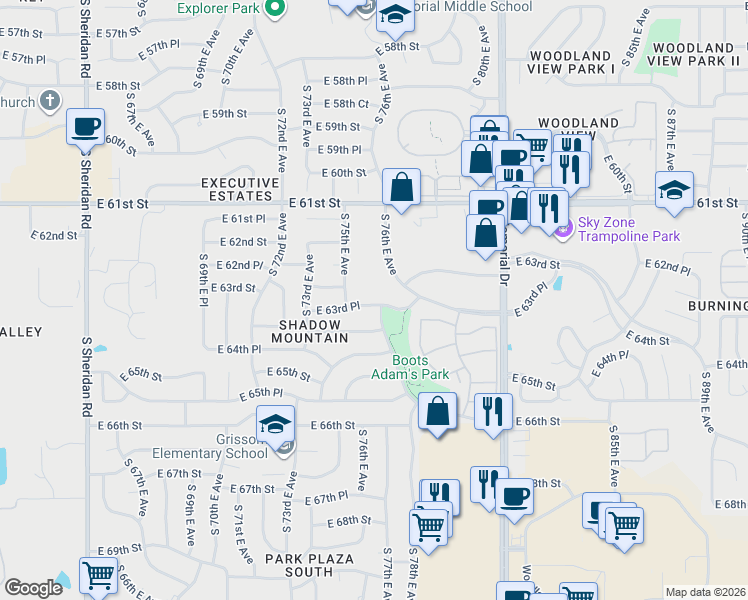 map of restaurants, bars, coffee shops, grocery stores, and more near 7523 East 63rd Place in Tulsa