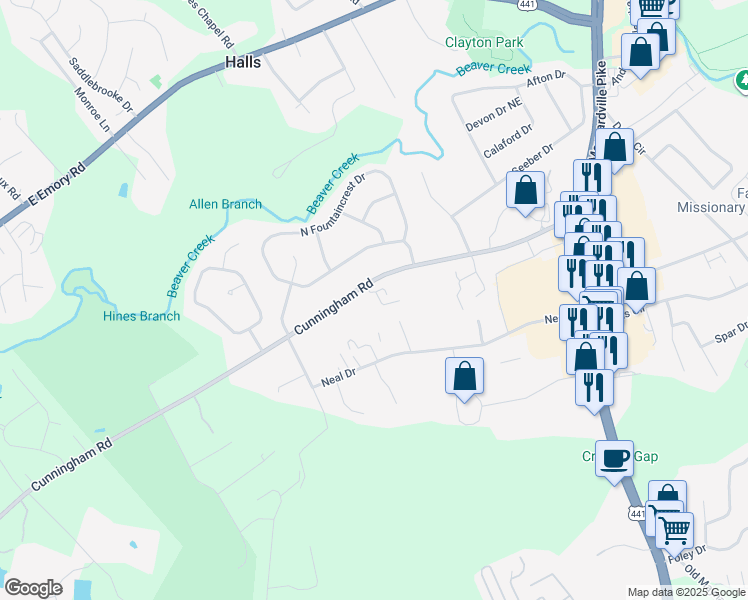 map of restaurants, bars, coffee shops, grocery stores, and more near 6905 Kings Crossing Way in Knoxville
