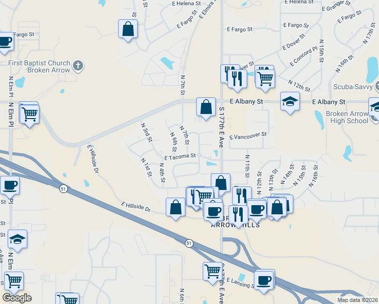 map of restaurants, bars, coffee shops, grocery stores, and more near 1901 North 7th Street in Broken Arrow