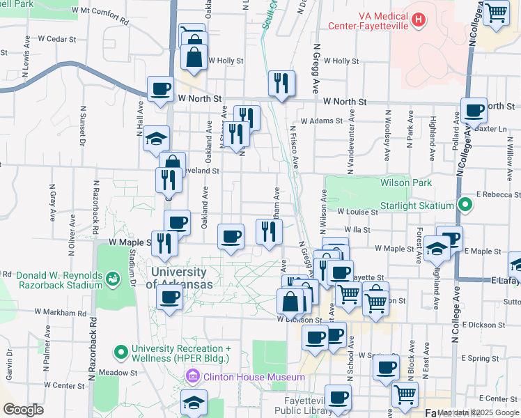 map of restaurants, bars, coffee shops, grocery stores, and more near 747 Taylor Street in Fayetteville