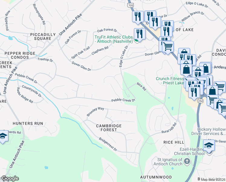map of restaurants, bars, coffee shops, grocery stores, and more near 1221 Canyon Ridge Ct in Nashville
