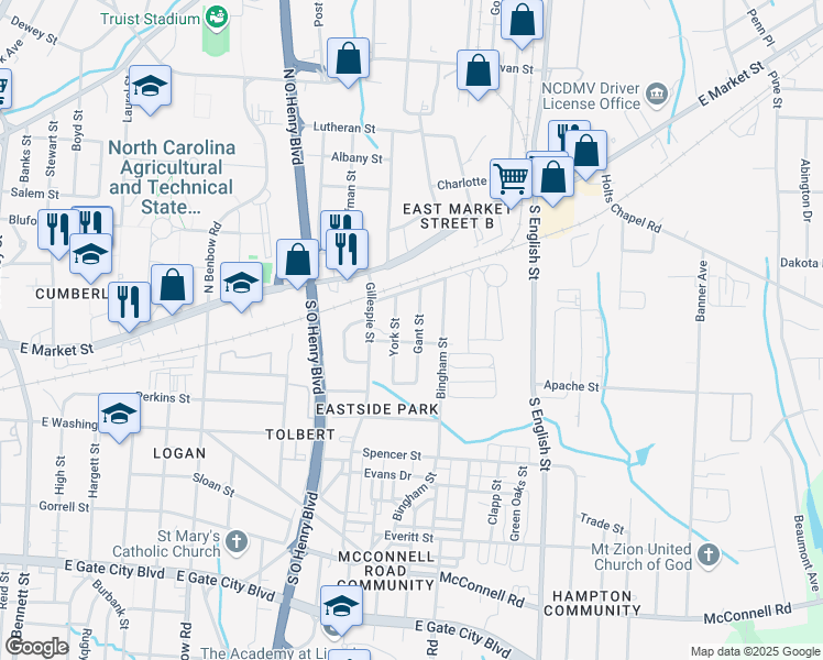 map of restaurants, bars, coffee shops, grocery stores, and more near 220 Gant St in Greensboro
