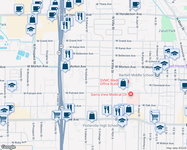 map of restaurants, bars, coffee shops, grocery stores, and more near 346 Ohio Circle in Porterville
