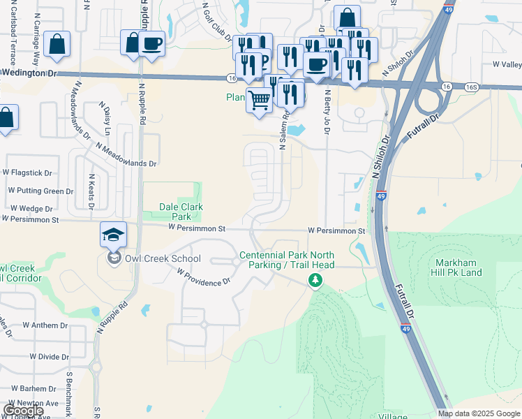 map of restaurants, bars, coffee shops, grocery stores, and more near 533 North Salem Road in Fayetteville
