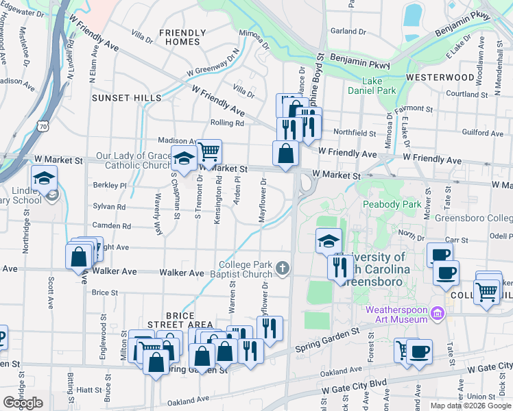 map of restaurants, bars, coffee shops, grocery stores, and more near 111 Arden Place in Greensboro