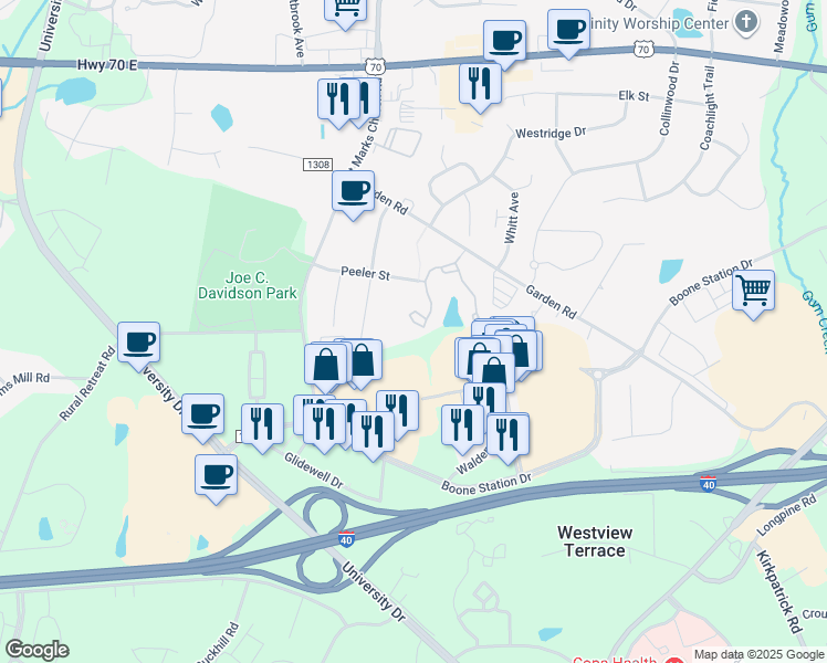 map of restaurants, bars, coffee shops, grocery stores, and more near 3508 Garden Road in Burlington