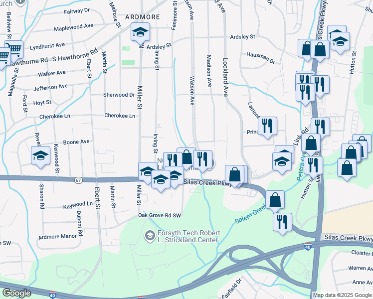 map of restaurants, bars, coffee shops, grocery stores, and more near 1301 Fenimore Street in Winston-Salem