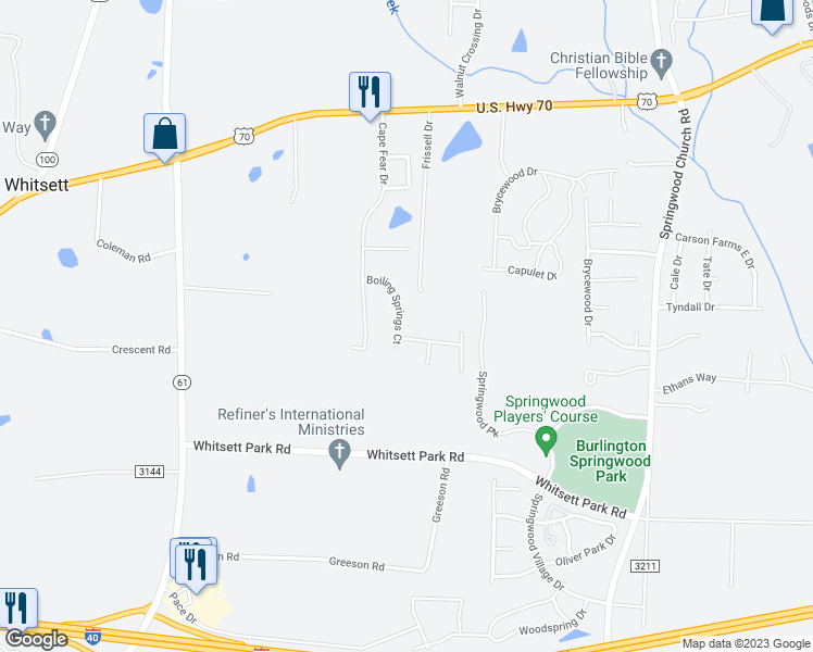 map of restaurants, bars, coffee shops, grocery stores, and more near 122 Boiling Springs Court in Whitsett