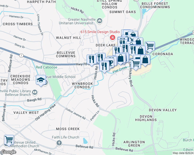 map of restaurants, bars, coffee shops, grocery stores, and more near 264 Hicks Road in Nashville