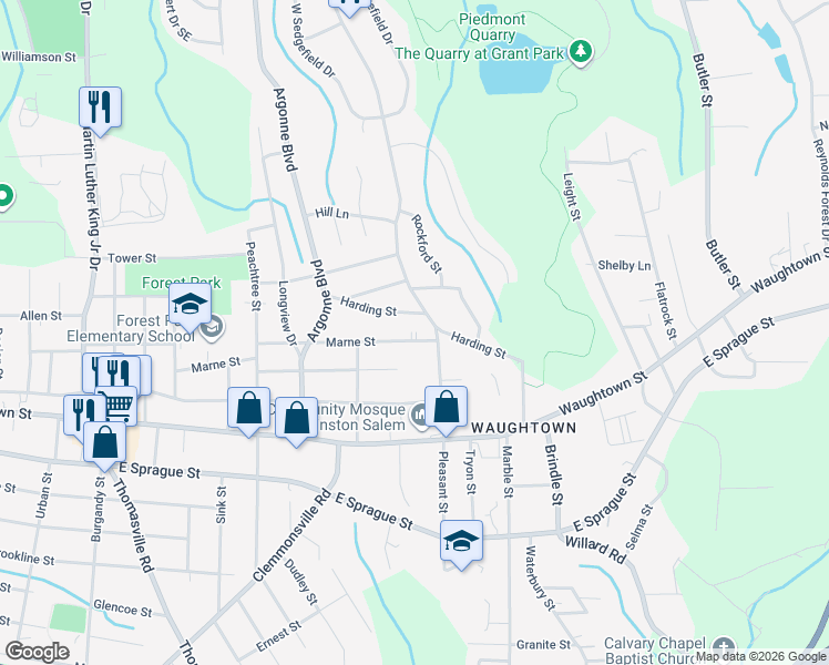 map of restaurants, bars, coffee shops, grocery stores, and more near 1441 Marne Street in Winston-Salem