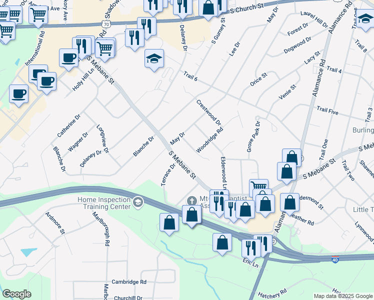 map of restaurants, bars, coffee shops, grocery stores, and more near 2709 Sumac Ln in Burlington
