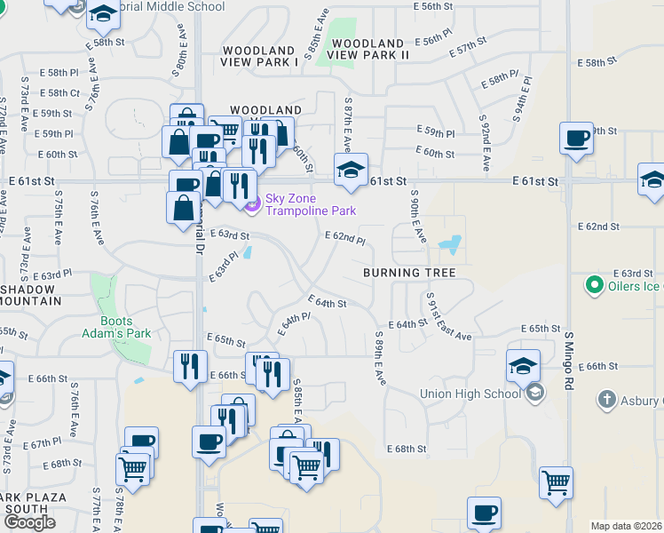 map of restaurants, bars, coffee shops, grocery stores, and more near 6235 South 87th East Avenue South in Tulsa