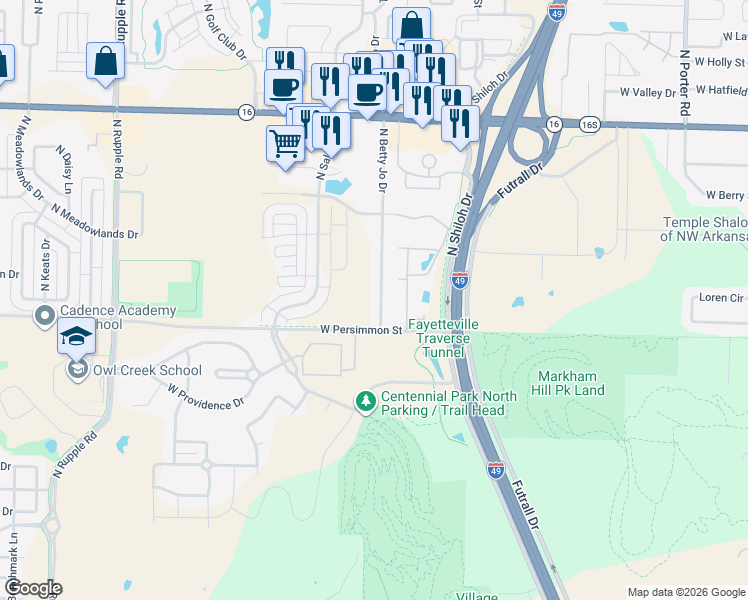 map of restaurants, bars, coffee shops, grocery stores, and more near 546 North Betty Jo Drive in Fayetteville