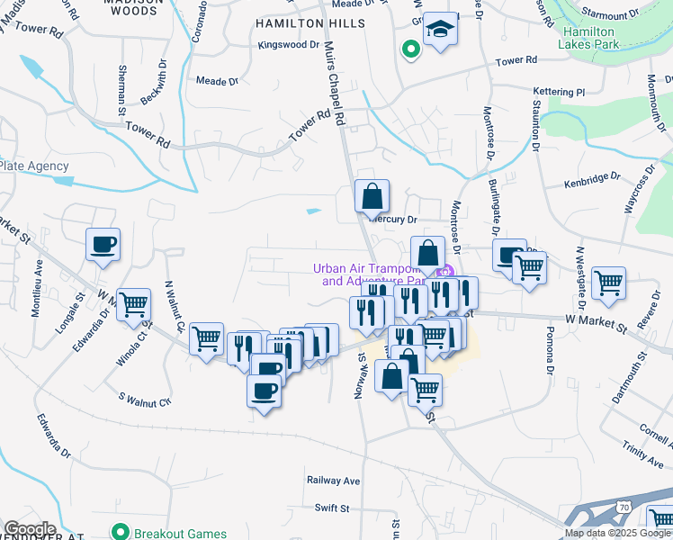 map of restaurants, bars, coffee shops, grocery stores, and more near 4710 Westwood Road in Greensboro