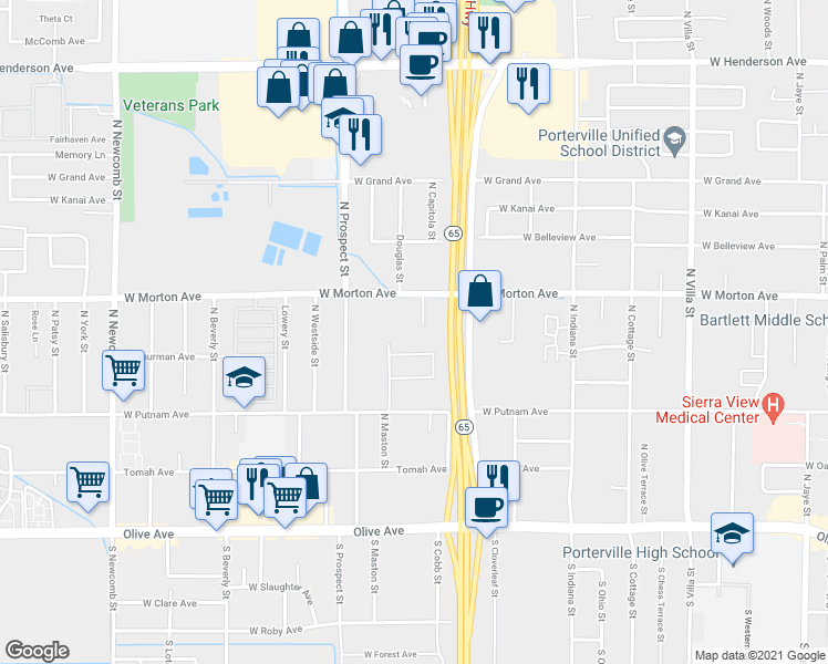 map of restaurants, bars, coffee shops, grocery stores, and more near 333 North Capitola Court in Porterville